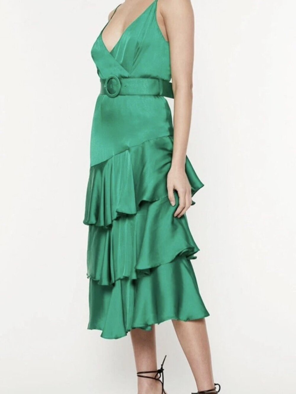 Bardot LENNIE Ruffle Midi Green Belted Dress Size 8